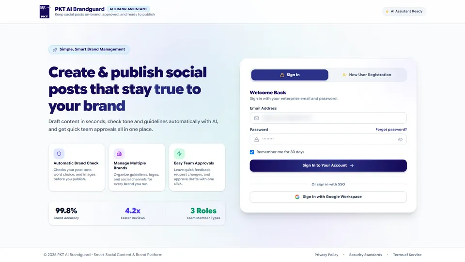 PKT AI Brandguard sign-in page with the headline Create and publish social posts that stay true to your brand, feature cards for automatic brand checks, multiple brands and team approvals, and a sign-in form with the email blurred
