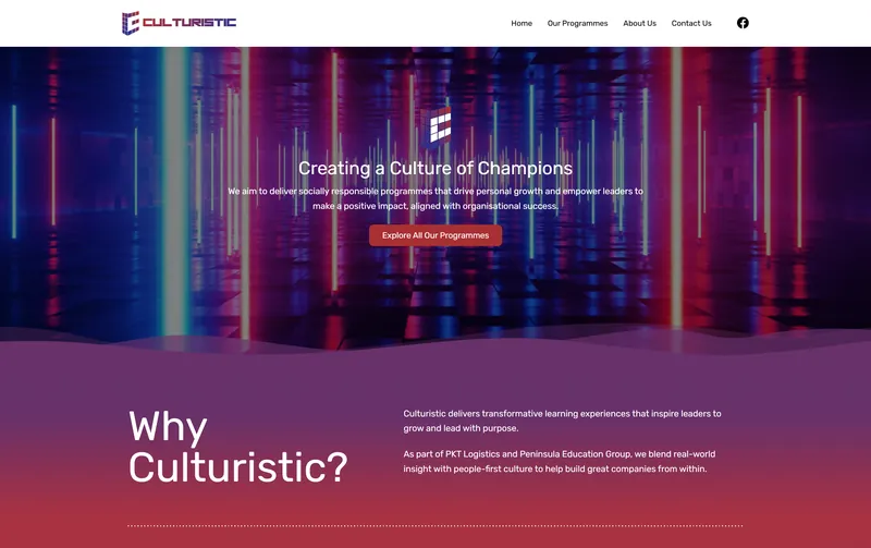 Culturistic website home page with the headline Creating a Culture of Champions over a neon corridor image