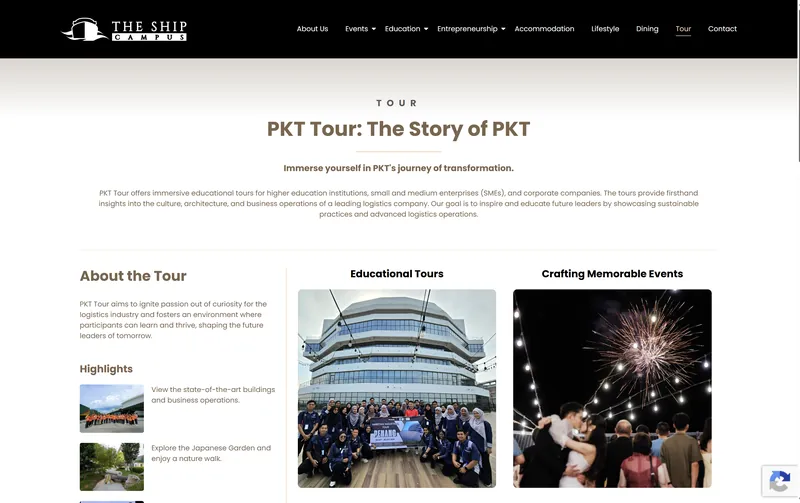 The Ship Campus website on its PKT Tour page, with sections on educational tours and events
